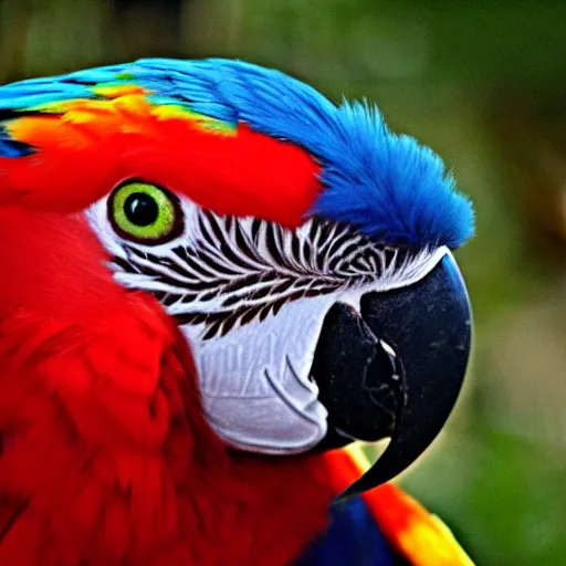 Image similar to parrot with human hair instead of feathers