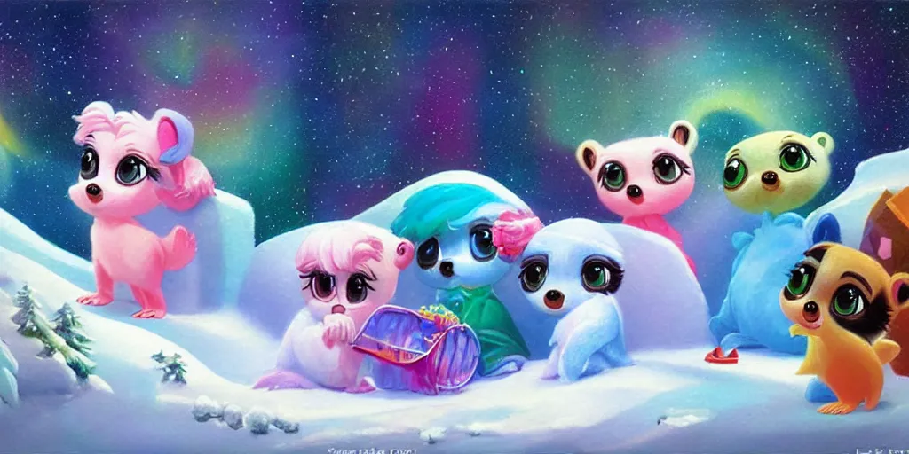 Image similar to 3 d littlest pet shop bear, ice, northern lights, penguins, snow cones, nature, polar express, gifts, master painter and art style of noel coypel, art of emile eisman - semenowsky, art of edouard bisson