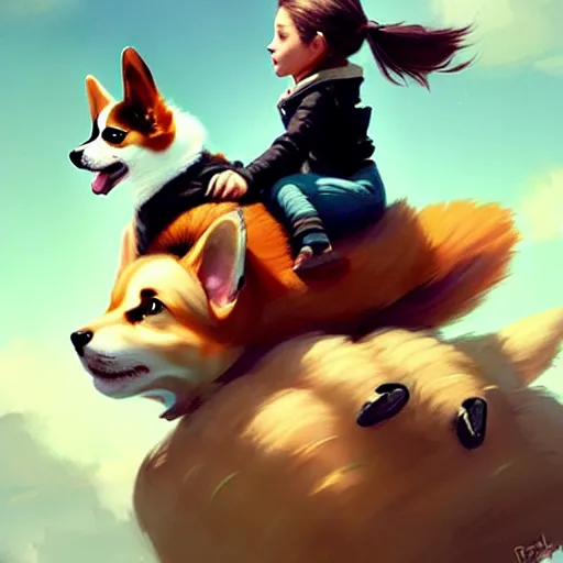 Image similar to tiny cat girl riding on the back of a giant corgi by greg rutkowski