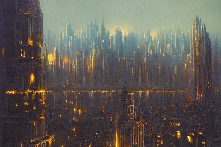 Prompt: city of golden shadows, intricate detailed painting, cityscape, john harris, reflective lighting