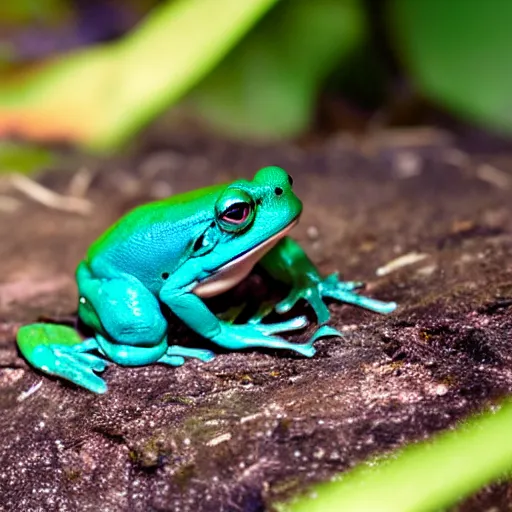 Prompt: photo teal frog with orange eyes