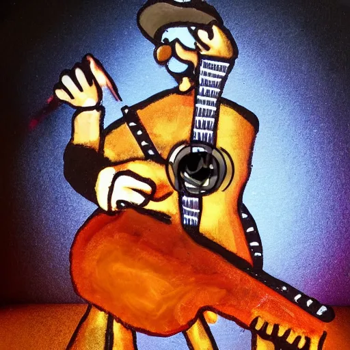 Prompt: Claymation art of a old man playing guitar, 100mm, candle lightning, industrial colours, extremely detailed