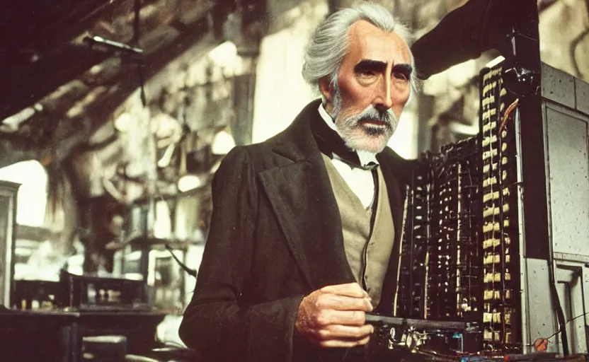 Prompt: movie still close-up portrait of Christopher Lee as 19th century inventor working on a 1880s supercomputer in a victorian house, by David Bailey, Cinestill 800t 50mm eastmancolor, heavy grainy picture, very detailed, high quality, 4k, HD criterion, precise texture and facial expression