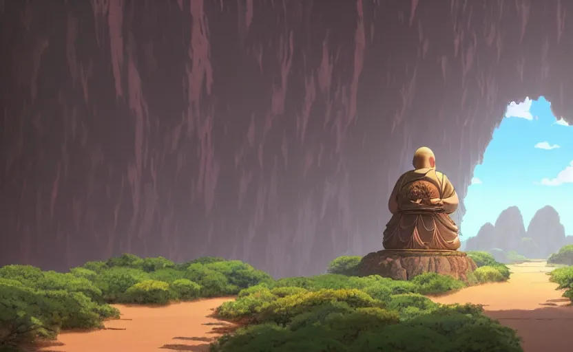 Image similar to a movie still from a studio ghibli movie showing a highly detailed landscape with a giant living buddha statue walking through a valley in the desert. misty, depth perception, 4 k