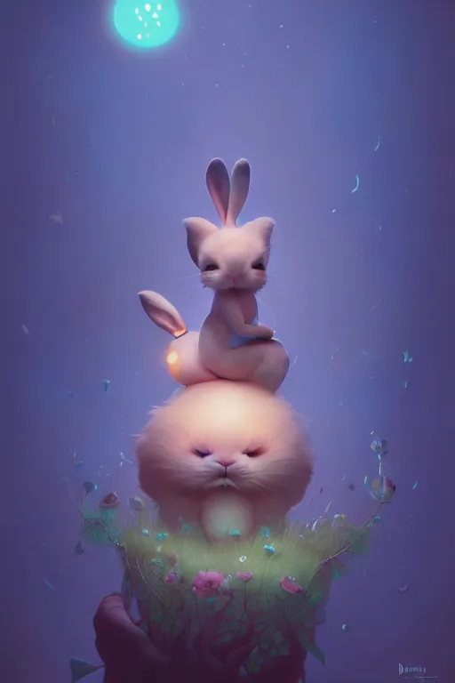 Image similar to a surreal Bioluminescent, very very very cute bunny in a happy world by Daniel Merriam, Trending on Artstation, oil on Canvas by Elena Zhurikhina and Goro Fujita and Charlie Bowater, octane render, 4k, 8k, HD