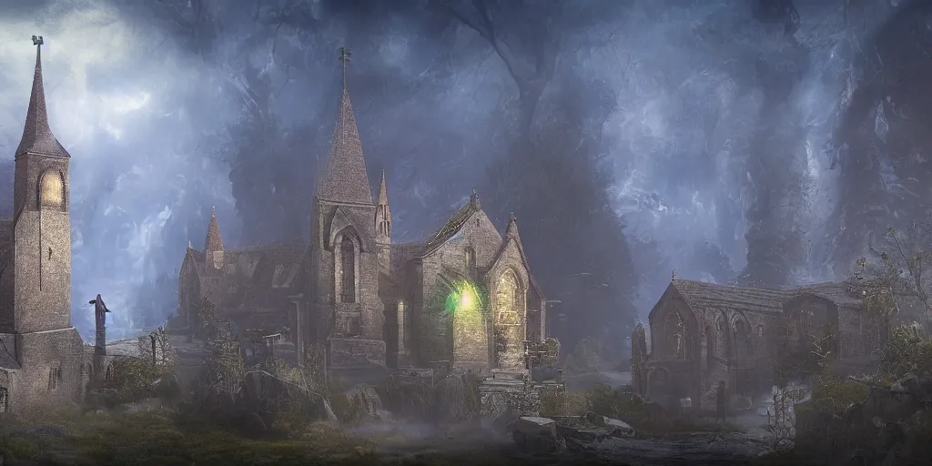 Prompt: a photo of a fantasy world, jesus, church