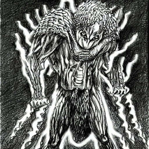 Prompt: drawing of a monster in hell by Kentaro Miura