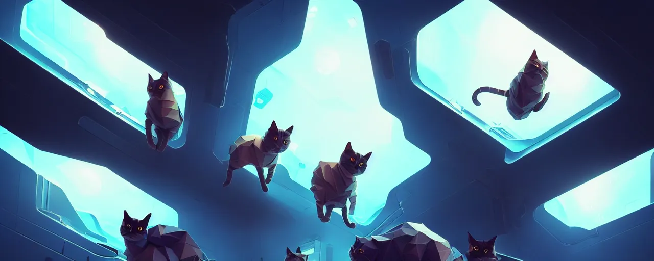 Image similar to duotone noir scifi concept illustration of lowpoly cats inside box floating zero gravity glowing 3 d mesh portals futuristic, glowing eyes, octane render, surreal atmosphere, volumetric lighting. accidental renaissance. by sachin teng and sergey kolesov and ruan jia and heng z. graffiti art, scifi, fantasy, hyper detailed. trending on artstation