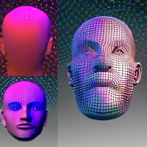 Image similar to a 3d human head made up of shiny holograms