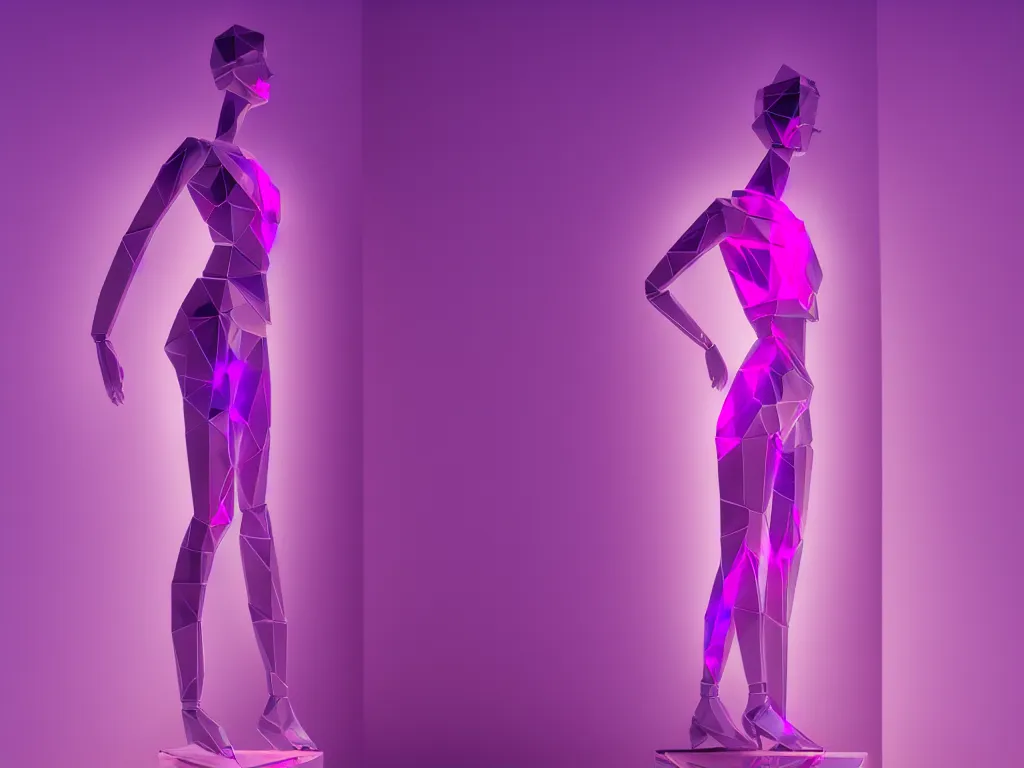 Image similar to beautiful mannequin sculpted out of amethyst by billelis + lit with geometric neon + iridescent geometric cubed bonsai plants!!!!, doorway opening with neon pink geometric light, clean linework, dramatic, finely detailed, rule of thirds, moody, award winning, 4 k, trending on artstation, photorealistic, volumetric lighting, octane render