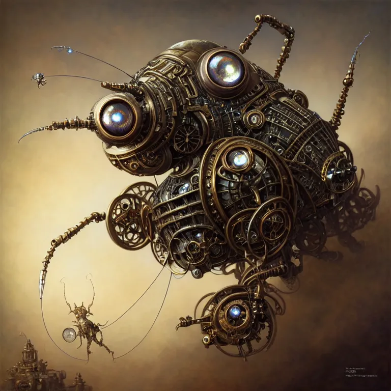 Image similar to portrait shot of a steampunk robot bug, unreal engine realistic render, 8 k, micro detail, intricate, elegant, highly detailed, centered, digital painting, artstation, smooth, sharp focus, illustration, artgerm, tomasz alen kopera, peter mohrbacher, donato giancola, joseph christian leyendecker, wlop, boris vallejo