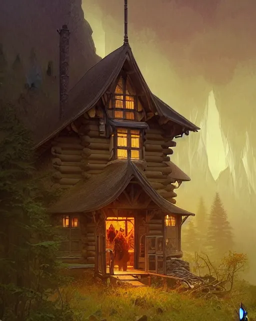 Prompt: symmetry!! a small cabin with a giant above it look hungry, dnd, intricate, elegant, highly detailed, digital painting, artstation, concept art, smooth, sharp focus, illustration, art by artgerm and greg rutkowski and alphonse mucha