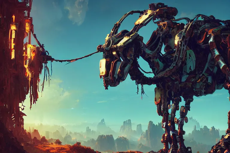 Image similar to tallneck machine mecanical creature robot of horizon forbidden west horizon zero dawn bioluminiscence global illumination ray tracing hdr fanart arstation by ian pesty and alena aenami artworks in 4 k