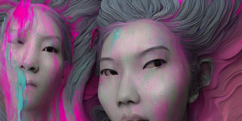 Prompt: a portrait of a very beautiful young asian goddess with pink and grey hair radiating an artwork made of swirling paint and impasto by wlop and lee griggs, background is multicoloured volumetric displacement, hyperrealism, subsurface scattering, arnold render, noise to volume, 8 k, houdini, xparticles