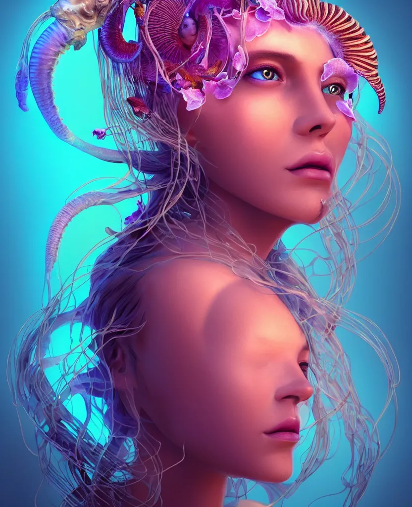 Image similar to goddess princess beautiful woman face close-up portrait ram skull. jellyfish phoenix head, nautilus, orchid, skull, betta fish, bioluminiscent creatures, intricate artwork by Tooth Wu and wlop and beeple. octane render, trending on artstation, greg rutkowski very coherent symmetrical artwork. cinematic, hyper realism, high detail, octane render, 8k