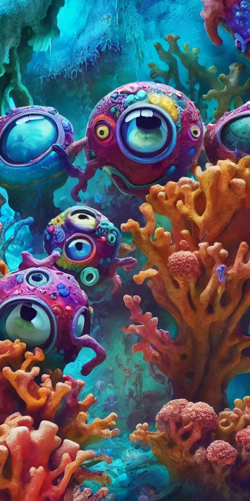 Image similar to of a colorful under water cave with strange cute friendly happy creatures with huge eyes, mouth, long tongue and round teeth appearing from sandy coral, in the style of gehry and gaudi, macro lens, shallow depth of field, ultra detailed, digital painting, trending artstation, concept art, illustration, cinematic lighting, photorealism, epic, octane render
