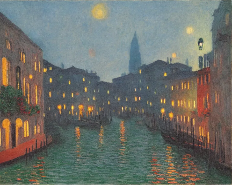 Prompt: a quaint, narrow venice canal with glowing street lamps and hanging flower baskets at night by hopper and monet