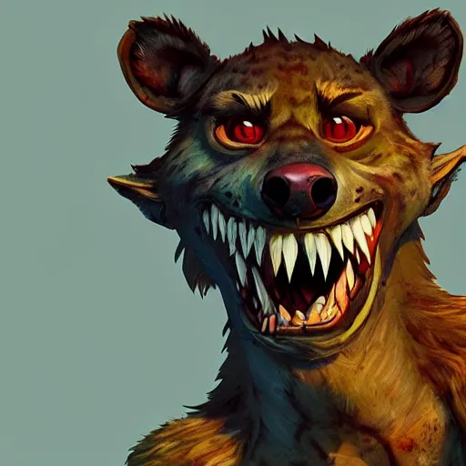 Image similar to upper body illustration of a gnoll, hyena face, aggressive and rabid look, mattepainting concept blizzard pixar maya engine on stylized background splash comics global illumination lighting artstation, sharp focus, lois van baarle, ilya kuvshinov, rossdraws