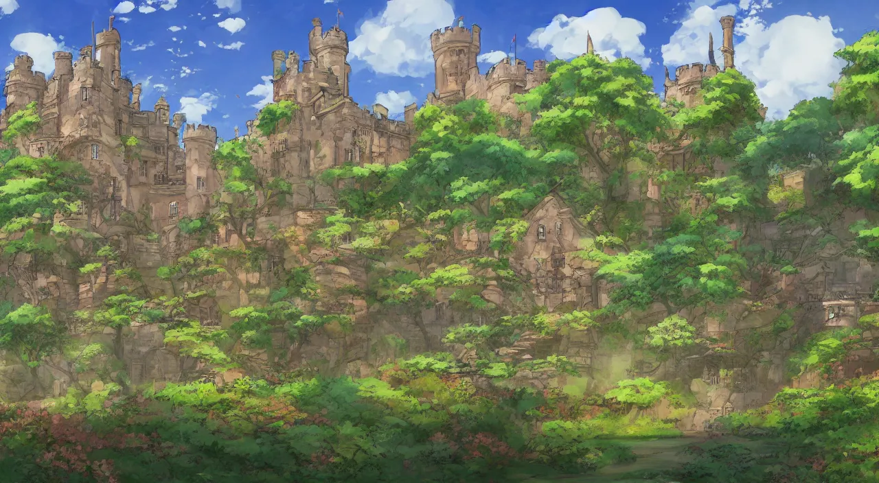 Prompt: a landscape painting of a British castle, with a garden, in the style of anime, by Studio Ghibli, trending on artstation