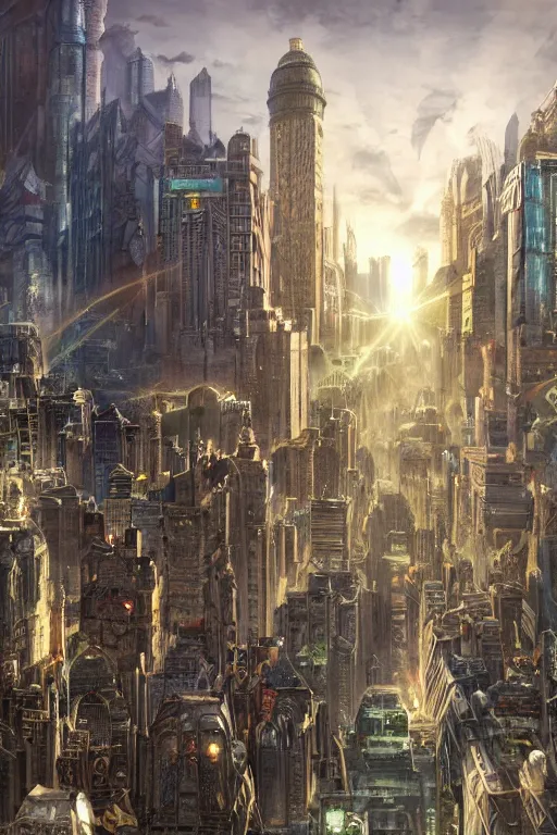 Image similar to gigantic city, adorned pillars, towers, landscape, alex ross, neal Adams, david finch, concept art, matte painting, highly detailed, rule of thirds, dynamic lighting, cinematic, detailed, denoised, centerd