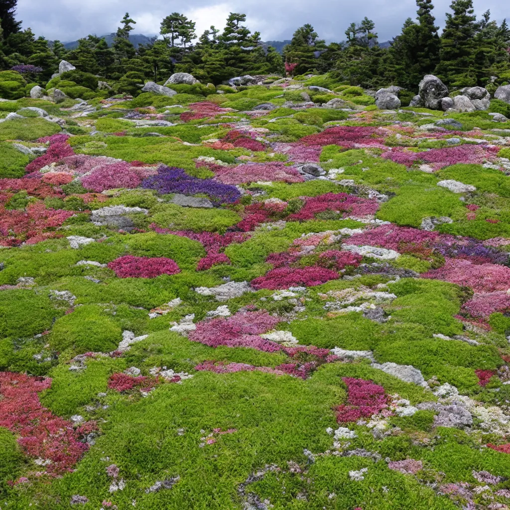 Prompt: Japanese meadow, highly detailed, with flowers and stones