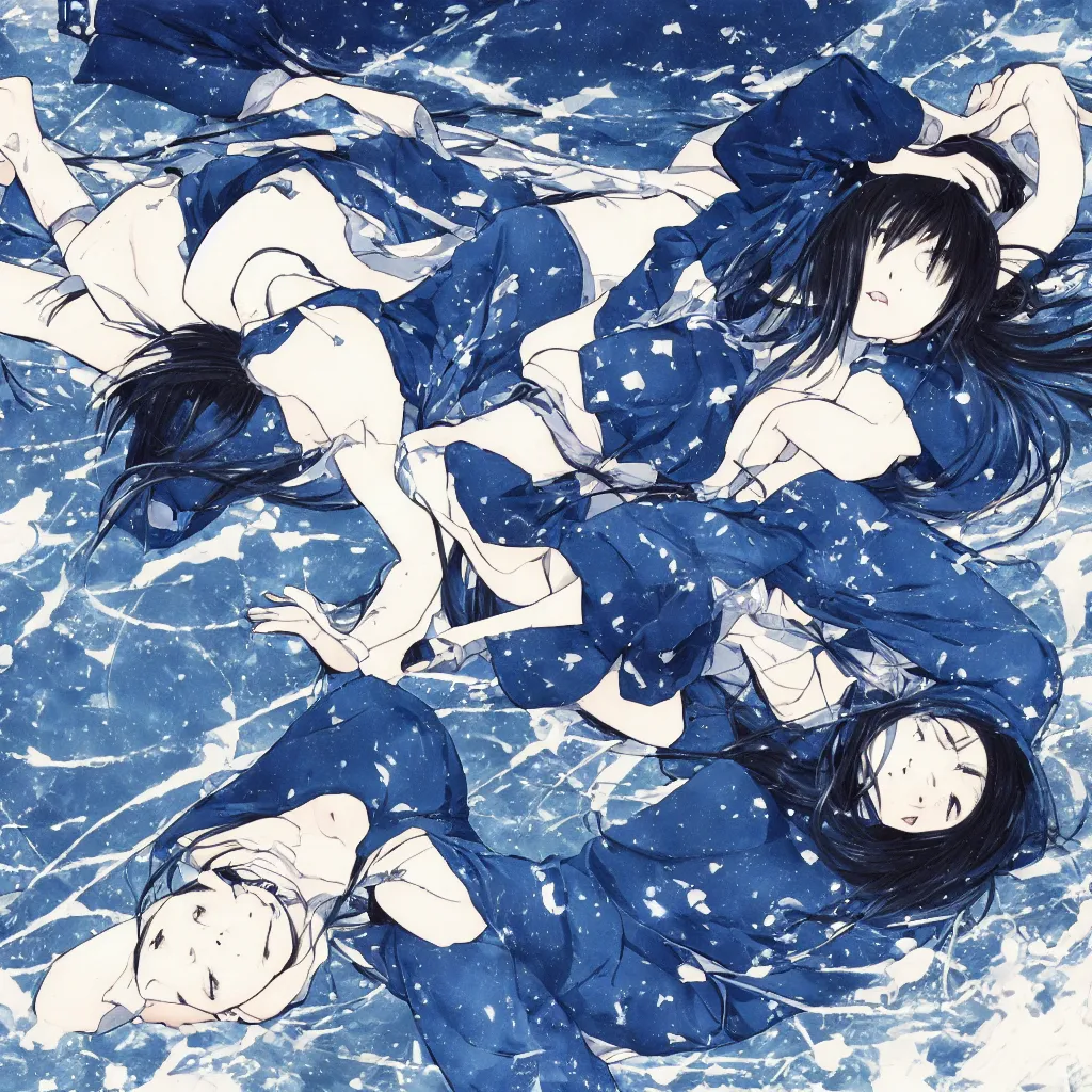 Image similar to high quality illustration of anime girl laying on the floor in an empty white void, drawn by yoshitoshi abe, dystopian, blueish tones