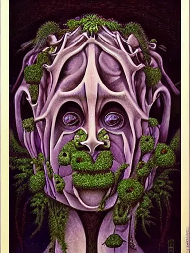 Prompt: The Hanging-Gardens of Pareidolia, lobelia, ivy, verbena and pothos growing facial features and optical-illusions, aesthetic!!!!!!!!!!, by Gerald Brom in the style of Johfra Bosschart,