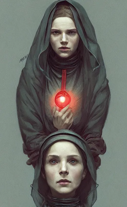 Image similar to portrait of a dystopian woman wearing an outfit inspired by the handmaid ’ s tale ( 2 0 1 7 ), intricate, headshot, highly detailed, digital painting, artstation, concept art, sharp focus, cinematic lighting, digital painting, art by artgerm and greg rutkowski, alphonse mucha, cgsociety