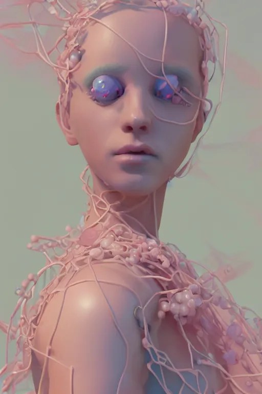 Prompt: an epic non - binary model, subject made of white mesh rope, with cerulean and pastel pink bubbles bursting out, delicate, beautiful, intricate, liquid background, melting into sylveon, houdini sidefx, by jeremy mann and ilya kuvshinov, jamie hewlett and ayami kojima, trending on artstation, bold 3 d