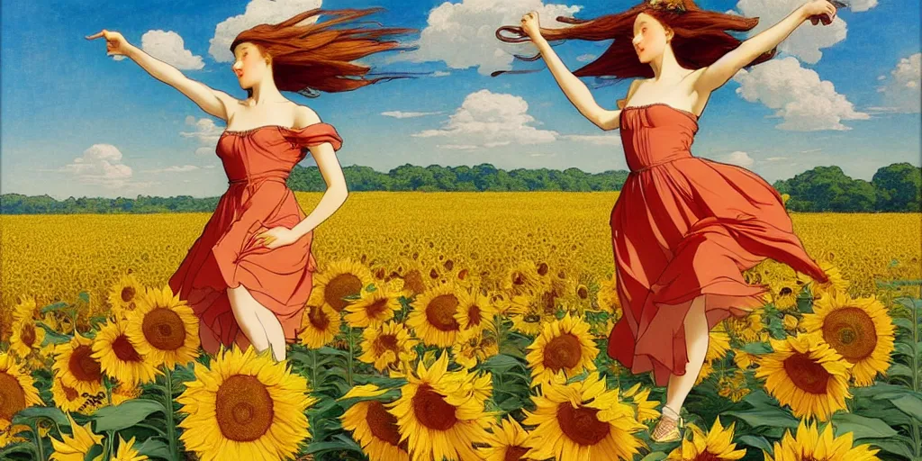 Prompt: beautiful young girl dancing in a fiery dress in a beautiful field of sunflowers and lilies, like leonardo da vinci sketches! in the style of studio ghibli, j. c. leyendecker, greg rutkowski, artgerm