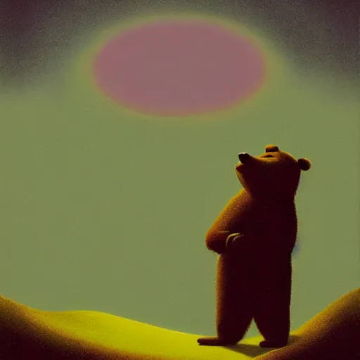 Prompt: yogi bear ( hanna barbera ) by zdzisław beksinski, neon tinged dystopian digital art