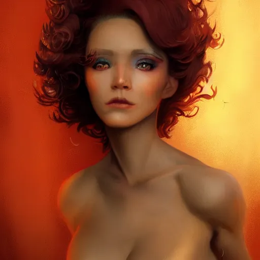 Image similar to portrait of a beautiful nonbinary actor with dark tan skin and messy short red hair wearing a men's suit, she has elf ears and gold eyes, by Gerald Brom and Ross Tran, dramatic lighting, 4K, trending on artstation