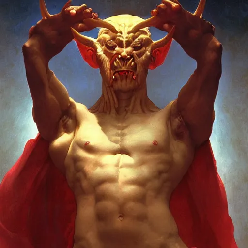 Image similar to ancient historically accurate depiction of the satanic demon by frank miller, illustration by Ruan Jia and Mandy Jurgens and William-Adolphe Bouguereau, Artgerm, 4k, digital art, surreal, space dandy style, highly detailed, godsend, artstation, digital painting, concept art, smooth, sharp focus, illustration by Ruan Jia and Mandy Jurgens and William-Adolphe Bouguereau