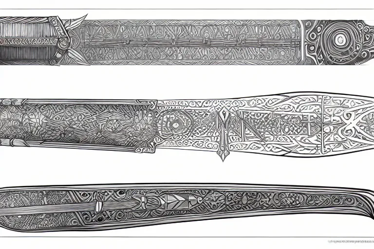 Image similar to design sheet of various magic swords, intricate linework, swords, blades, weapon designs, clean lines