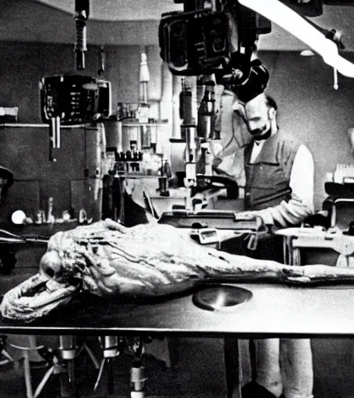 Prompt: Alien lying on an operation table in a lab, photograph from 1890, grainy, high detail, high resolution, by David Cronenberg