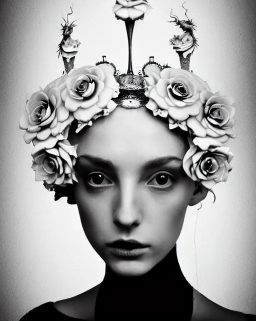 Image similar to a black and white high quality dreamy photo of a young beautiful female queen-pale dragon-vegetal-many big steampunk flowers-cyborg bust with a very long neck, elegant, highly detailed, poetic, soft, dreamy, mysterious, high fashion, in the style of Diane Arbus, Realistic, Refined, Digital Art, Highly Detailed, Cinematic Lighting, rim light, black and white, photo-realistic, 8K