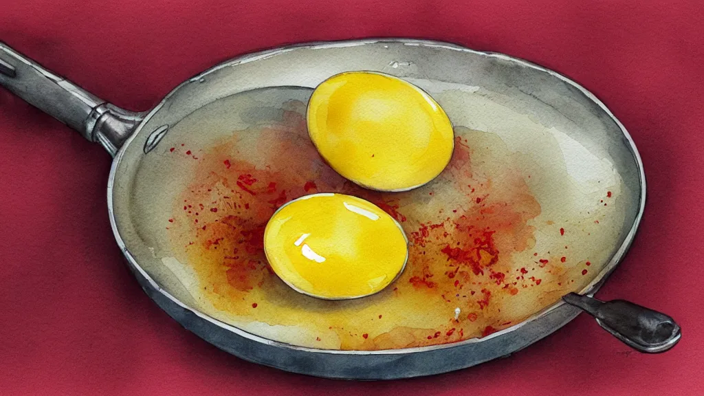 Prompt: egg on a frying pan, delicious, kseniia yeromenko, rob duenas, watercolor, illustration, red background, highly detailed