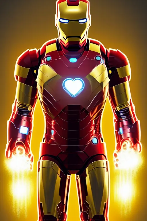 Image similar to Boris Johnson as Iron Man without a helmet, portrait, neon heart reactor, gold and blue, highly detailed, digital painting, artstation, concept art, smooth, sharp focus, illustration, cinematic lighting, art by artgerm and greg rutkowski and alphonse mucha