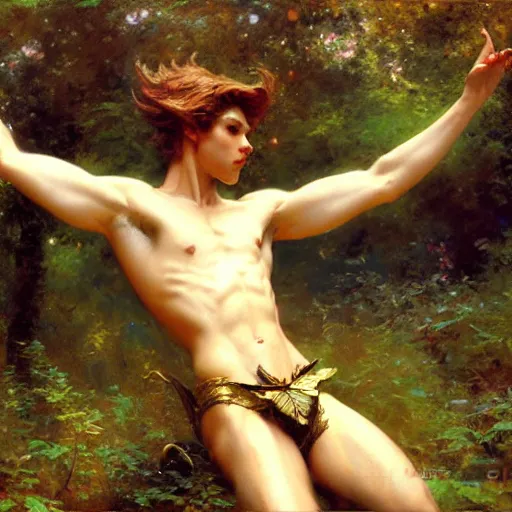 Image similar to attractive male fairy with wings in the forest, posing. highly detailed painting by gaston bussiere, craig mullins, j. c. leyendecker, 8 k