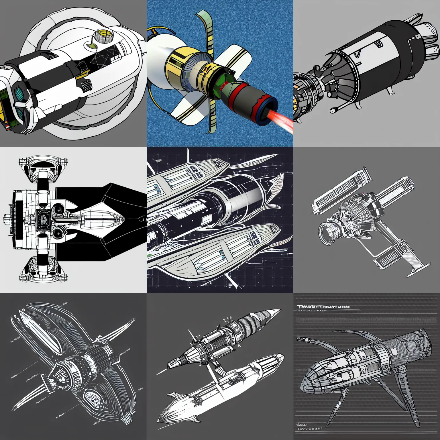 Prompt: stylized two dimensional spacecraft propulsion device cutaway, two colors, black backround. inkscape, illustrator, vector graphics, bloom, 2 d game, topdown.