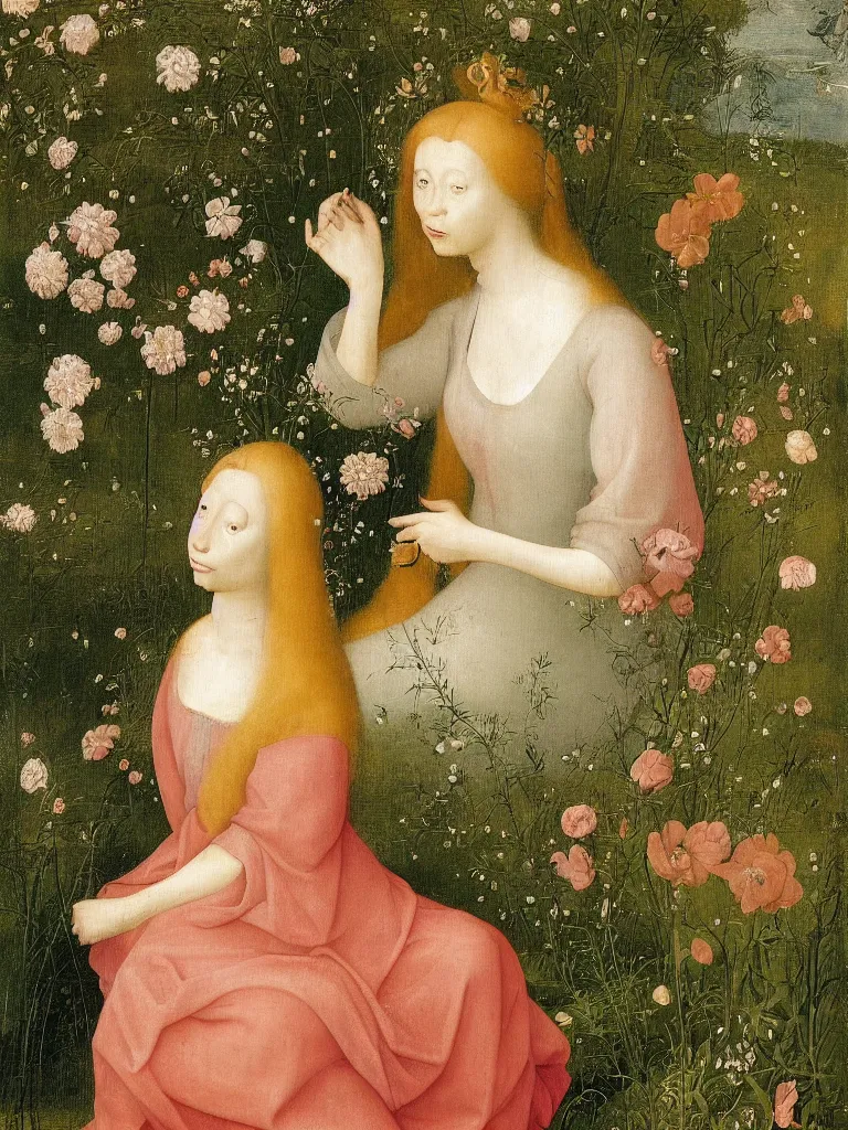 Prompt: beautiful woman with long golden hair, wearing chiffon dress, sitting among large flowers in her beautiful, lush garden, in the style of hieronymus bosch,