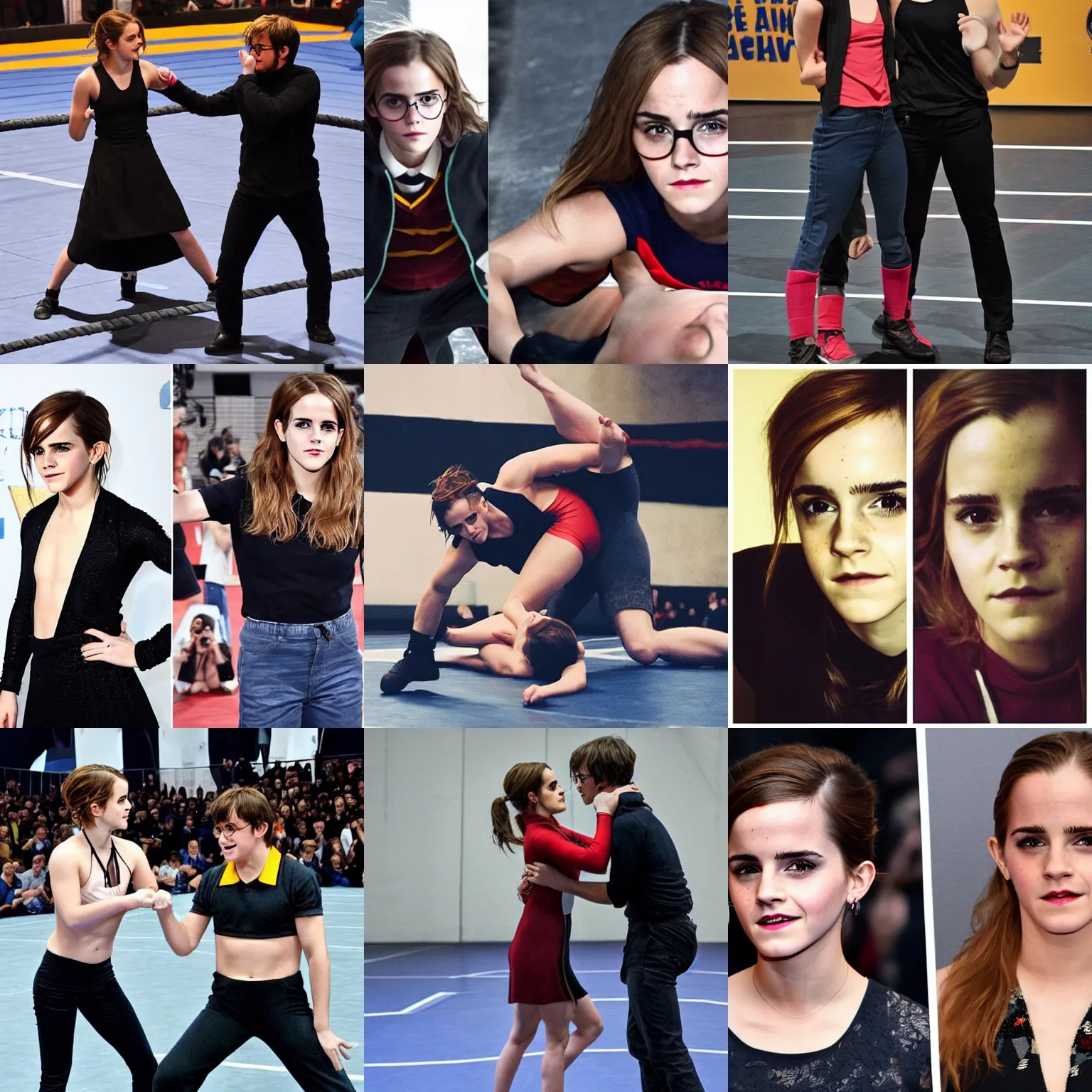 Prompt: emma watson and harry potter are facing each other on a wrestling mat, dynamic pose, instagram contest winner