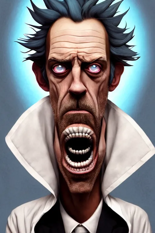 Image similar to Hugh Laurie as crazy genius Rick Sanchez from Rick and Morty, unibrow, white robe, big eyes, realistic portrait, symmetrical, highly detailed, digital painting, artstation, concept art, smooth, sharp focus, illustration, cinematic lighting, art by artgerm and greg rutkowski and alphonse mucha