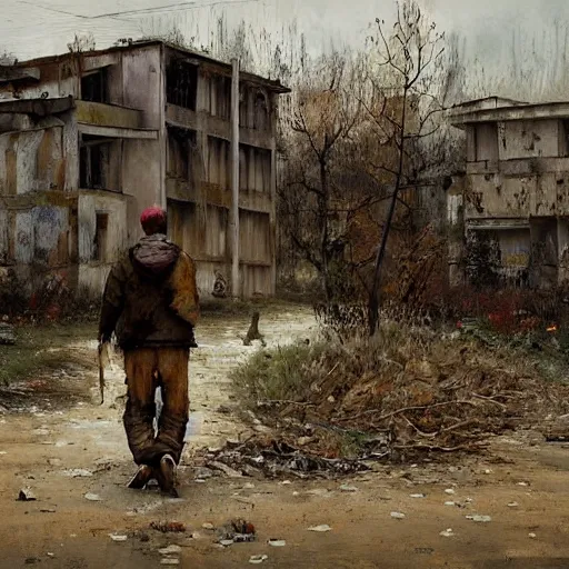 Image similar to painting by jakub rozalski of a person walking with a wheelbarrow in an abandoned post soviet town infested with root monsters