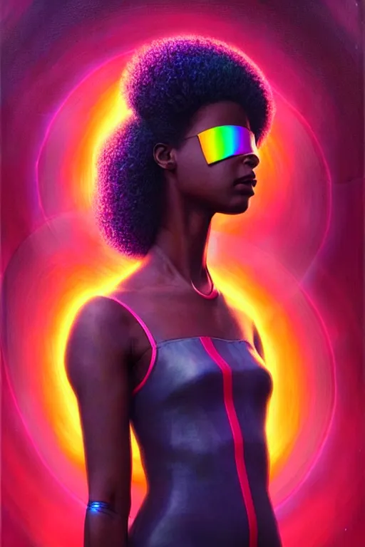 Prompt: patron saint of 🛸🌈👩🏾, futuristic clothing, neon god of city character portrait, in the style of moebius, tom bagshaw, and waterhouse, cinematic lighting, beautiful, elegant, oil painting,