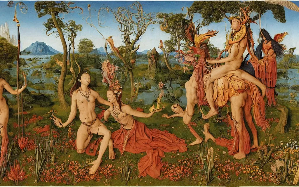 Image similar to a portrait photograph of a meditating shaman and a centaur monk riding a harpy and hunting at a river delta. surrounded by bulbous flowers and trees. mountain range under a blue sky of fiery stars. by jan van eyck, max ernst, ernst haeckel, ernst fuchs and artgerm, cgsociety, fashion editorial, 8 k