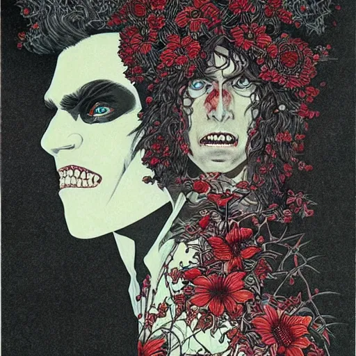 Prompt: symmetrical jim morrison as a vampire lizard king, very detailed style of takato yamamoto lots of flowers