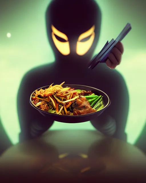 Image similar to movie still macro close photo of anonymous holding stirfry to face, by weta disney pixar greg rutkowski wlop ilya kuvshinov rossdraws artgerm octane render iridescent, bright morning, liosh, mucha