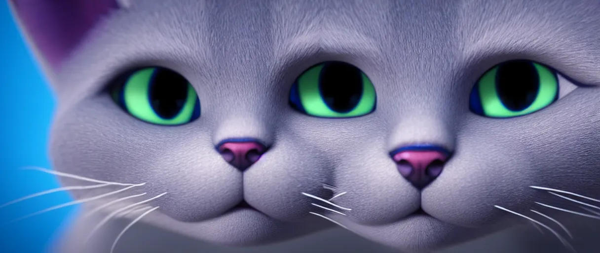 Prompt: hyperrealistic detailed close-up 3d render of a sad cute blue cat with round puppy eyes sharp cinematic lighting vray 8k low angle shallow depth of field