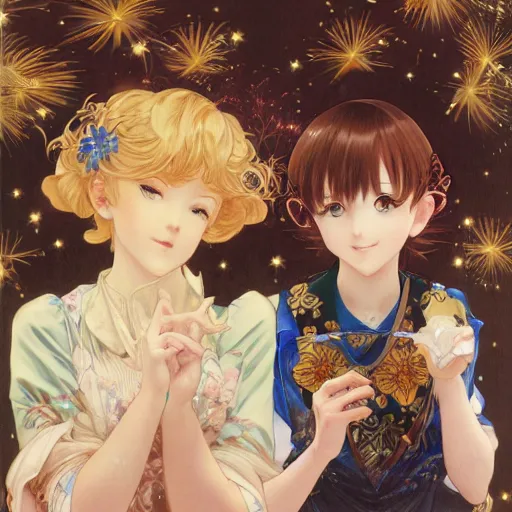 Image similar to two beautiful girls watching fireworks, digital art, by range murata, akiyuki shinbou, alphonse mucha, masamune shirow, josan gonzales, highly detailed, realistic, cinematic, trending on pixiv fanbox